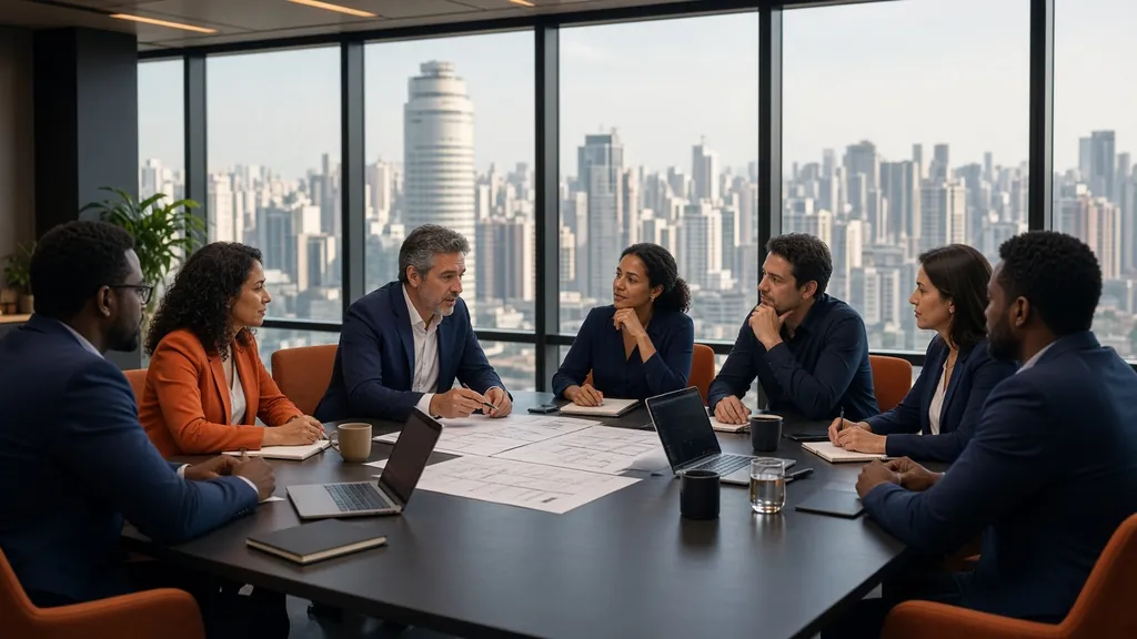 Imagem ilustrativa gerada por IA: profissionais em reunião em uma mesa longa, com o skyline de uma metrópole ao fundo